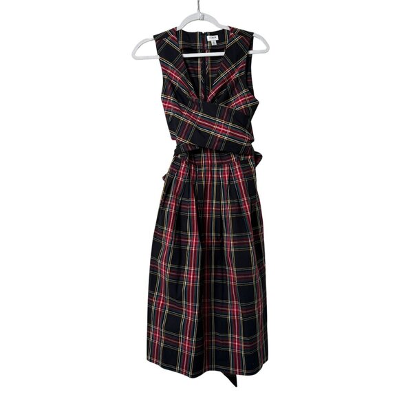 J Crew V Neck Midi Wrap Dress Size 8 Black Red Tartan Plaid Sleeveless AG880 - Picture 2 of 13